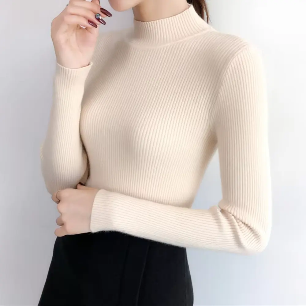 Women's slim fit mock neck sweater soft knit cozy everyday essential timeless chic style