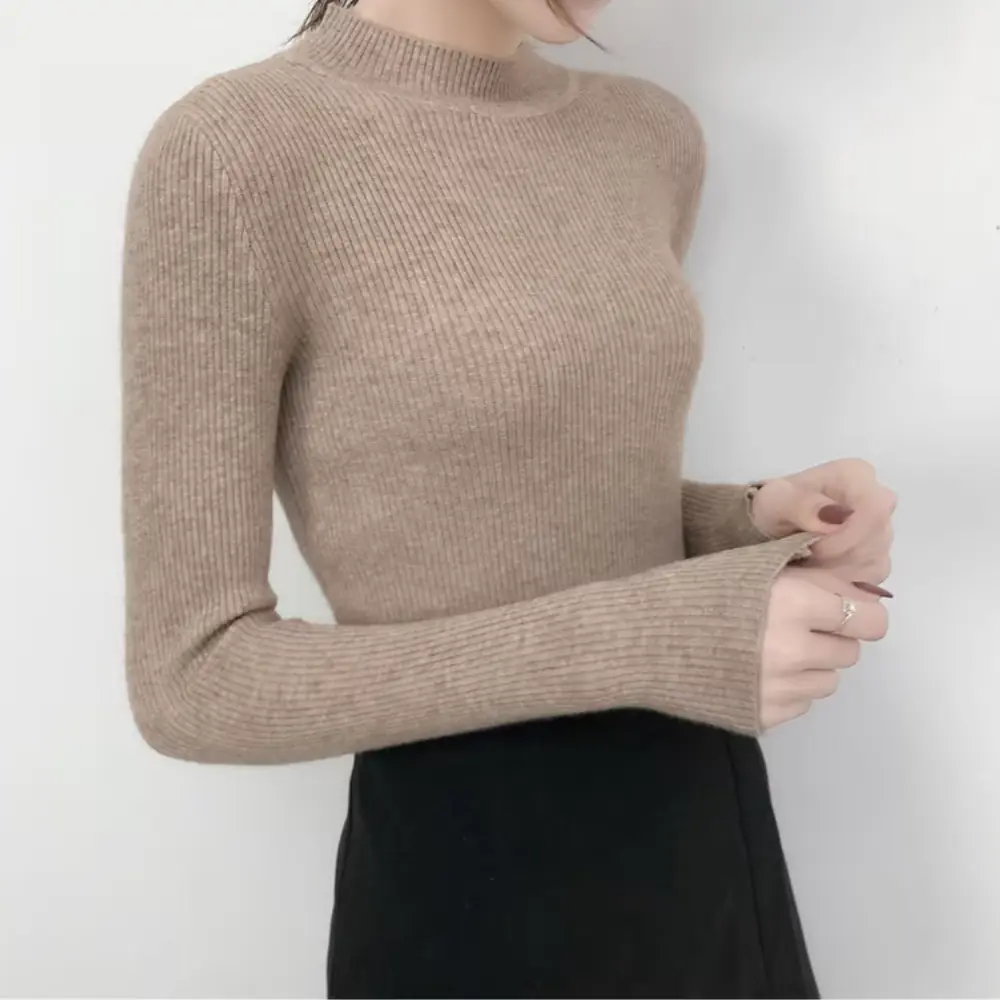 Women's slim fit mock neck sweater soft knit cozy chic everyday essential timeless style