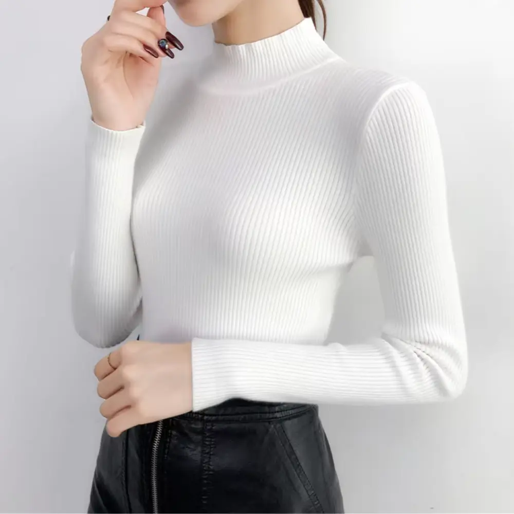 Women's slim fit mock neck sweater soft knit cozy chic everyday wardrobe essential
