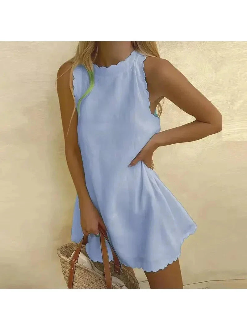 Women's white casual elegant mini dress A-line silhouette with playful wavy trim lightweight fabric