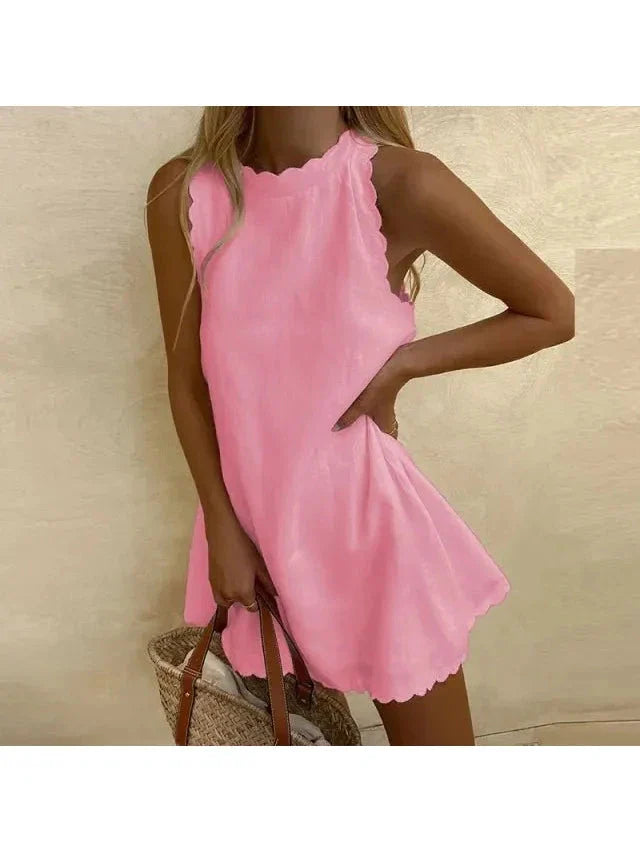 Women's white casual elegant mini dress A-line silhouette with playful wavy trim lightweight fabric