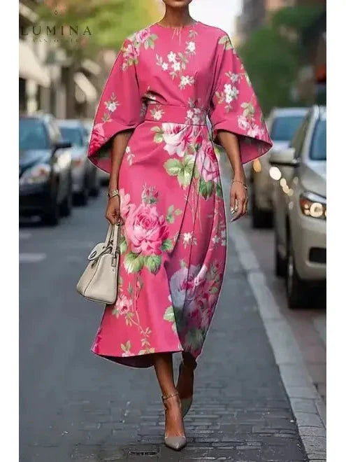 Women's elegant floral dress flowing silhouette delicate pattern feminine all-day comfortable wear