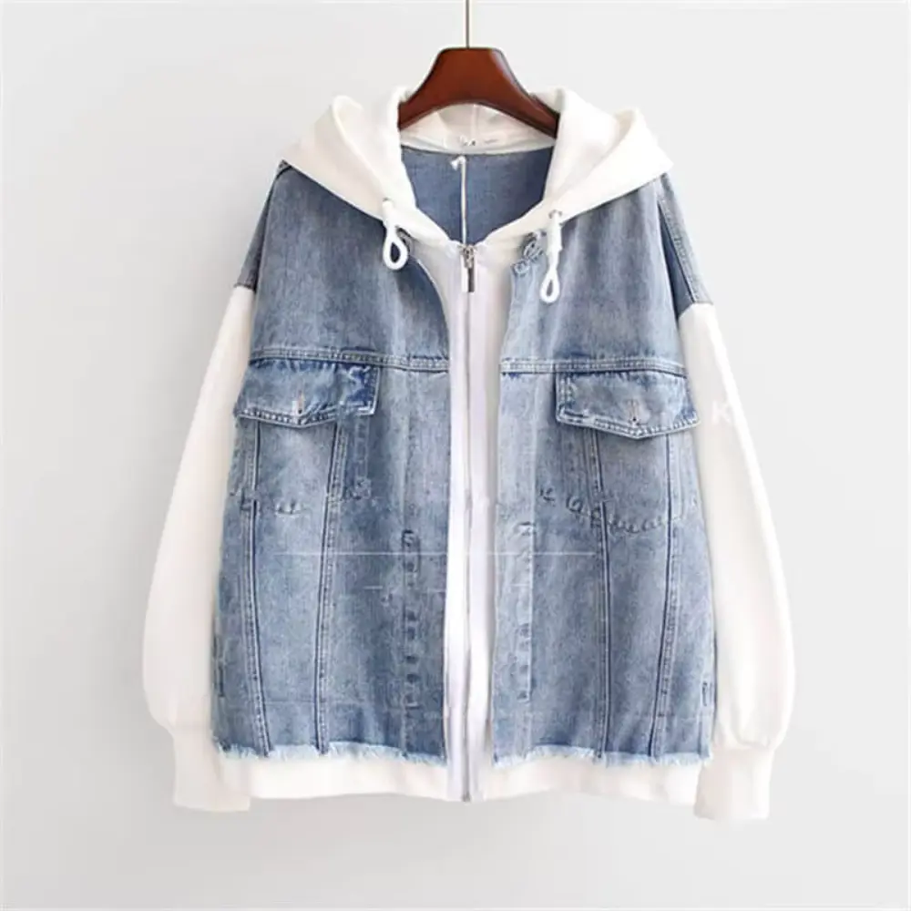 Mila blue denim hoodie streetwear style with cozy hood and layered casual everyday look