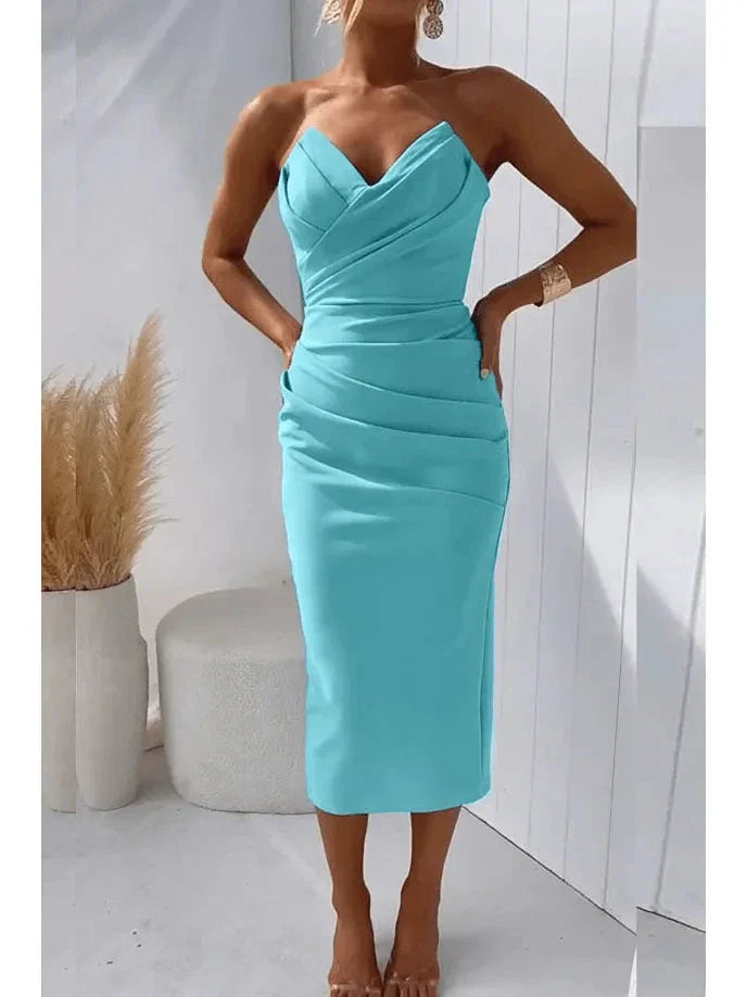 Milly strapless open-back dress in summer hues, sleek silhouette for confident fashion-forward women