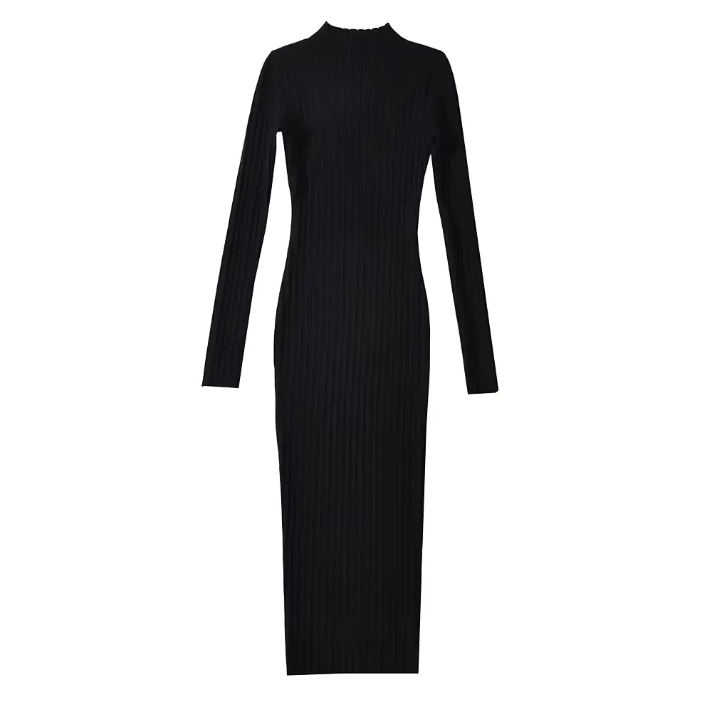 Women's ribbed knit midi dress in cozy stretch fabric with half-high collar and full sleeves