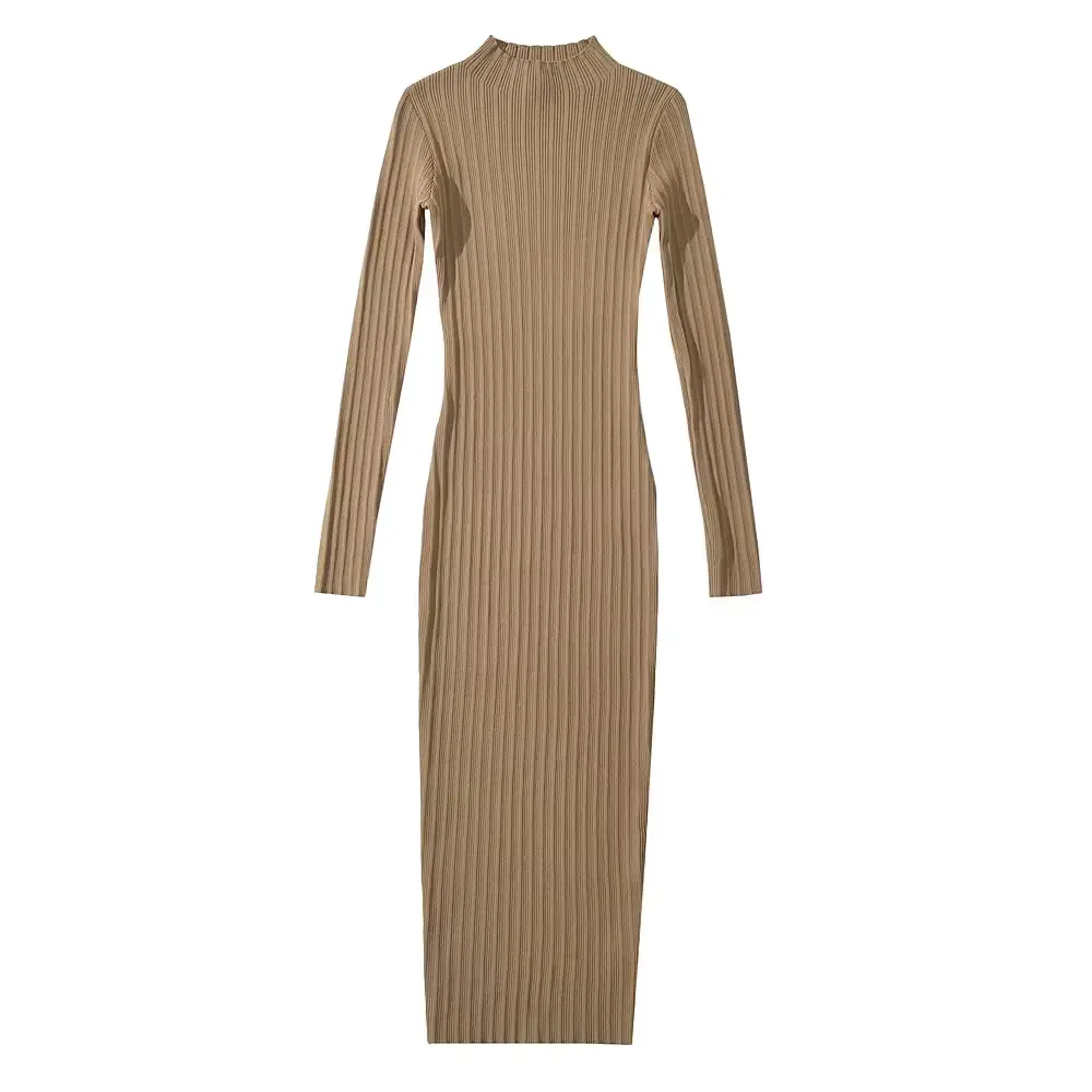 Women's ribbed knit midi dress in neutral tone, half-high collar, full sleeves, cozy stretch fit
