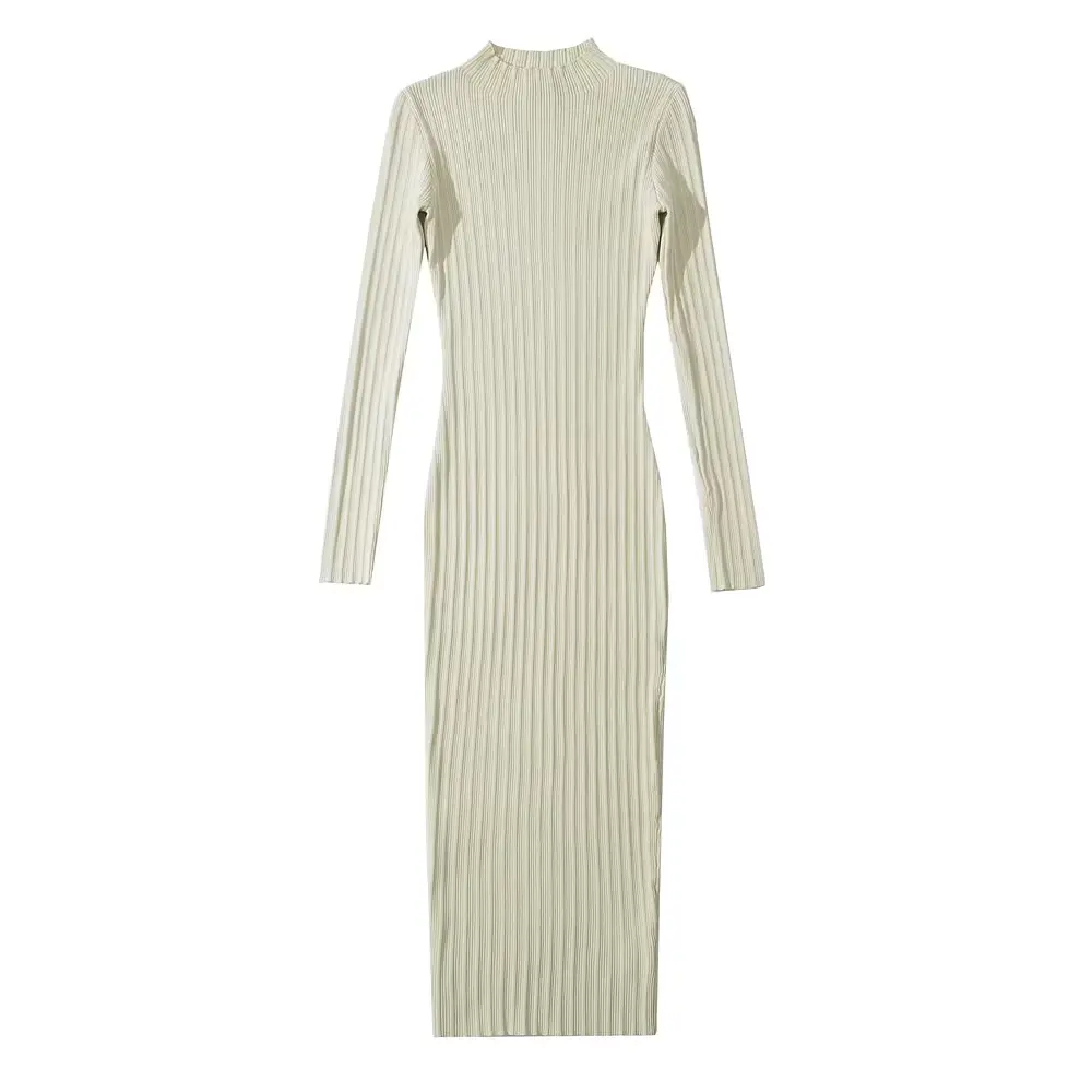 Women's ribbed knit midi dress in cozy stretch fabric with half-high collar and full sleeves