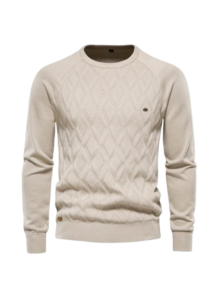 Navy blue diamond knit crewneck sweater tailored unisex fit subtle texture mid-weight knitwear