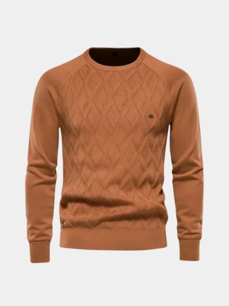 Beige diamond knit crewneck sweater tailored unisex fit with subtle textured pattern