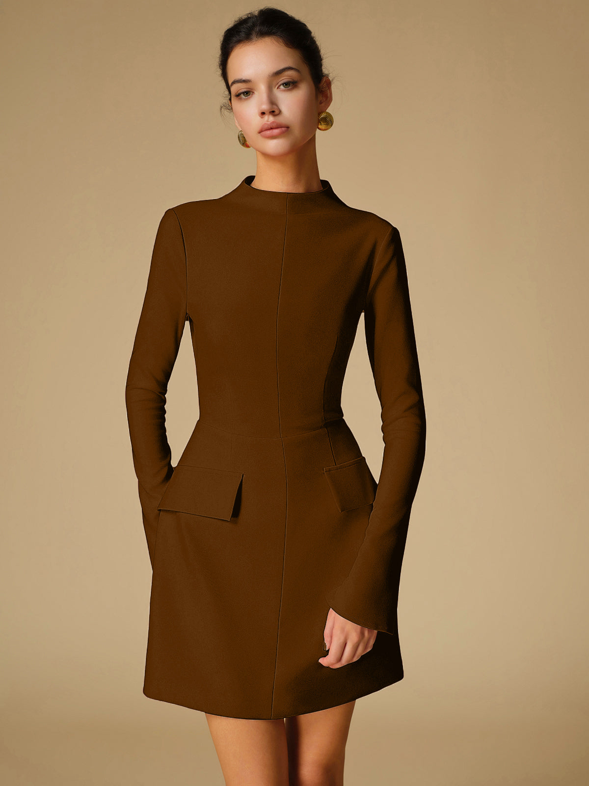 Women's minimalist mock neck dress, sleek solid color, slim fit, structured woven stretch fabric