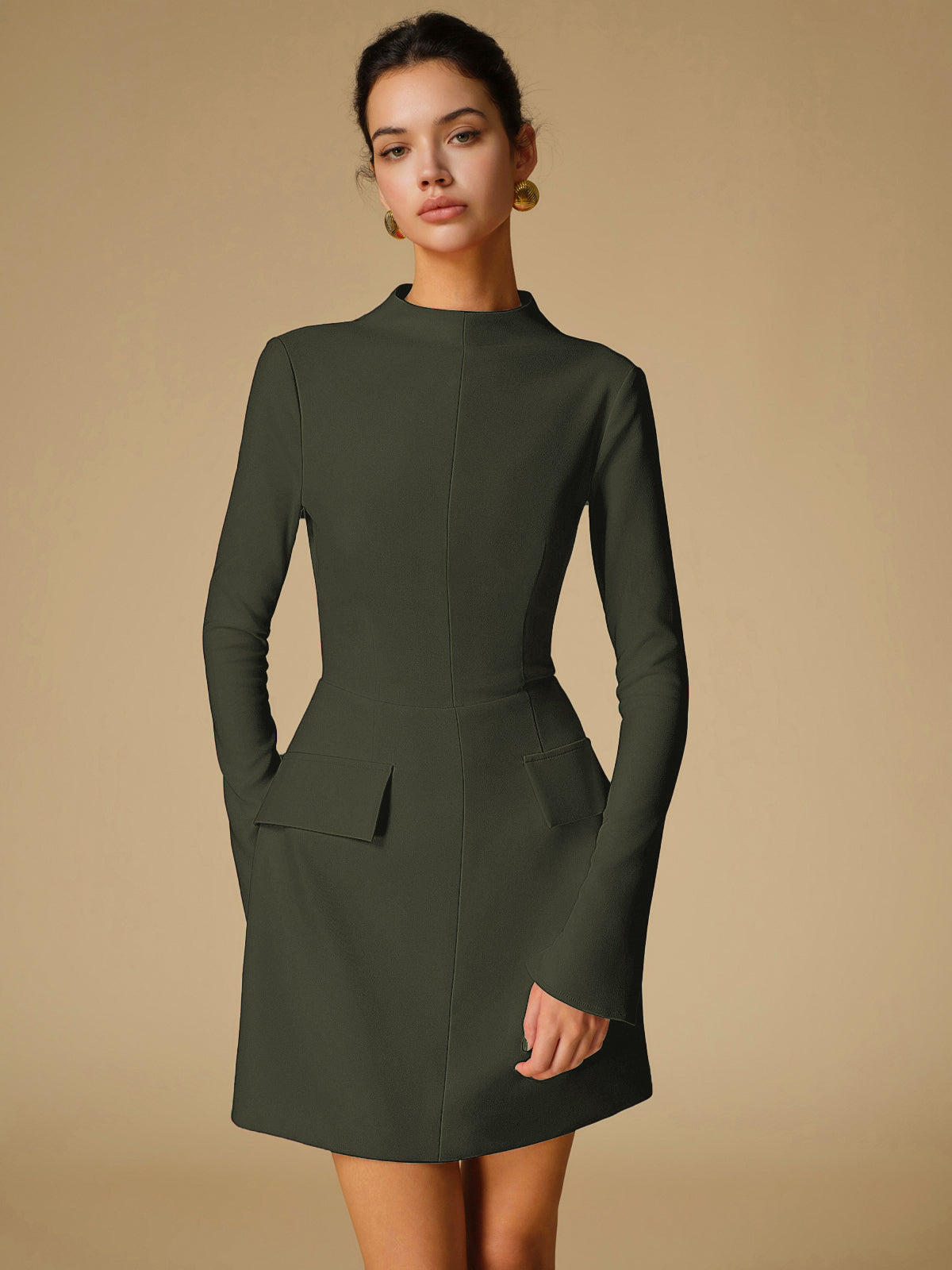 Women's minimalist mock neck dress in solid color, sleek slim cut with structured woven drape