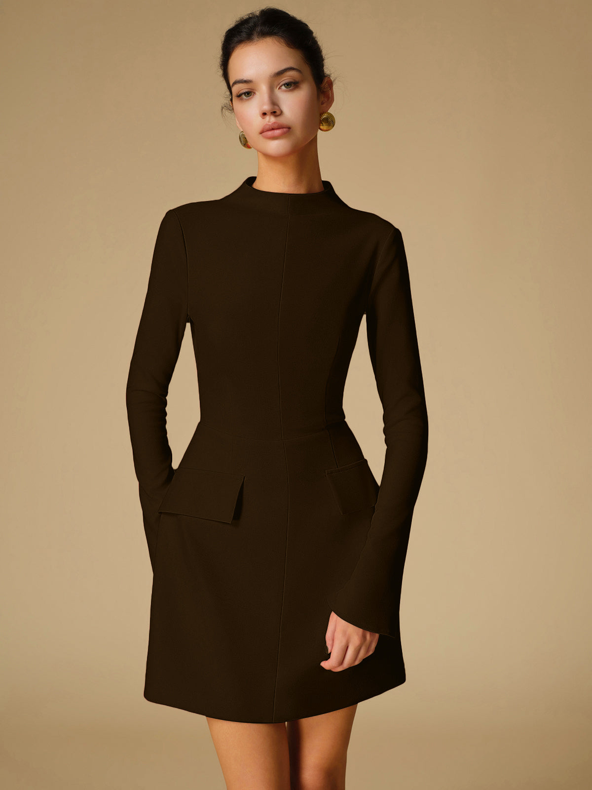 Women's minimalist mock neck dress, sleek solid color, structured woven fabric with elastane stretch fit