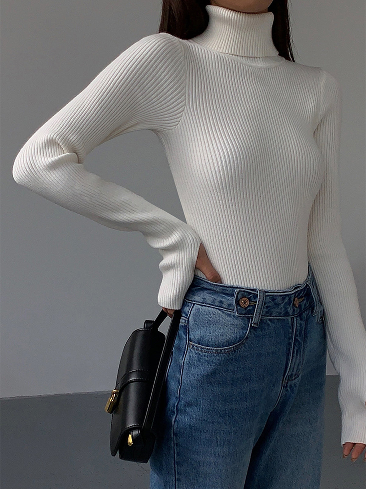 Women slim fit turtleneck knit top minimalist plain design stretch fabric casual office wear