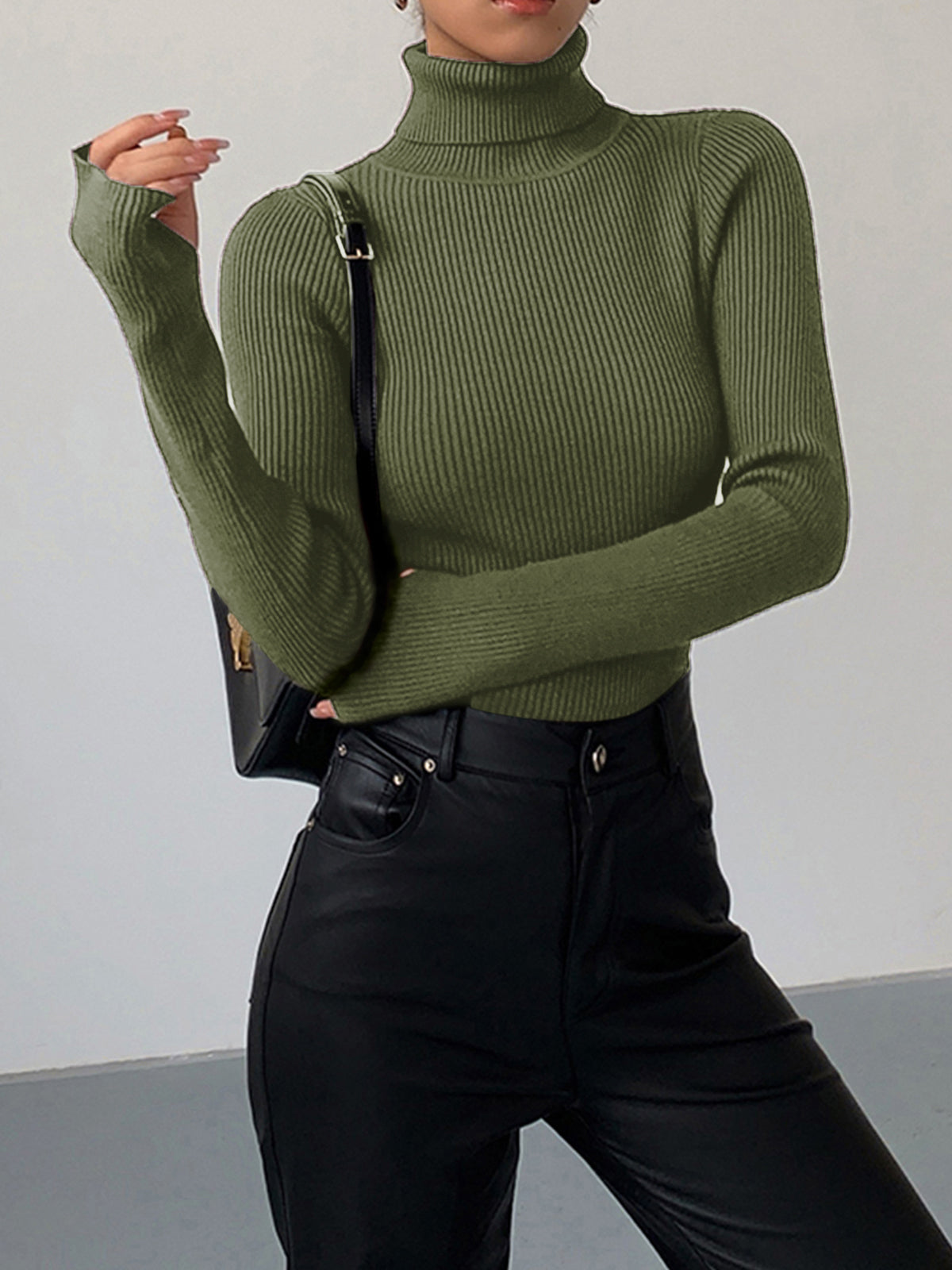 Women slim fit turtleneck knit top minimalist plain design stretch fabric casual office wear