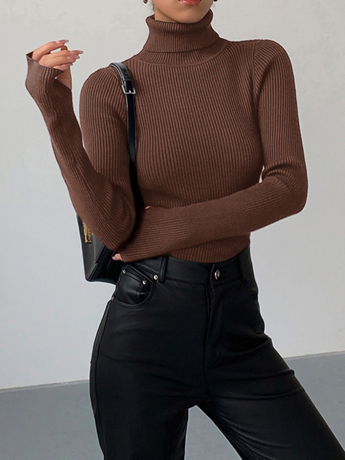 Women slim fit turtleneck knit top minimalist plain design stretch fabric casual office wear