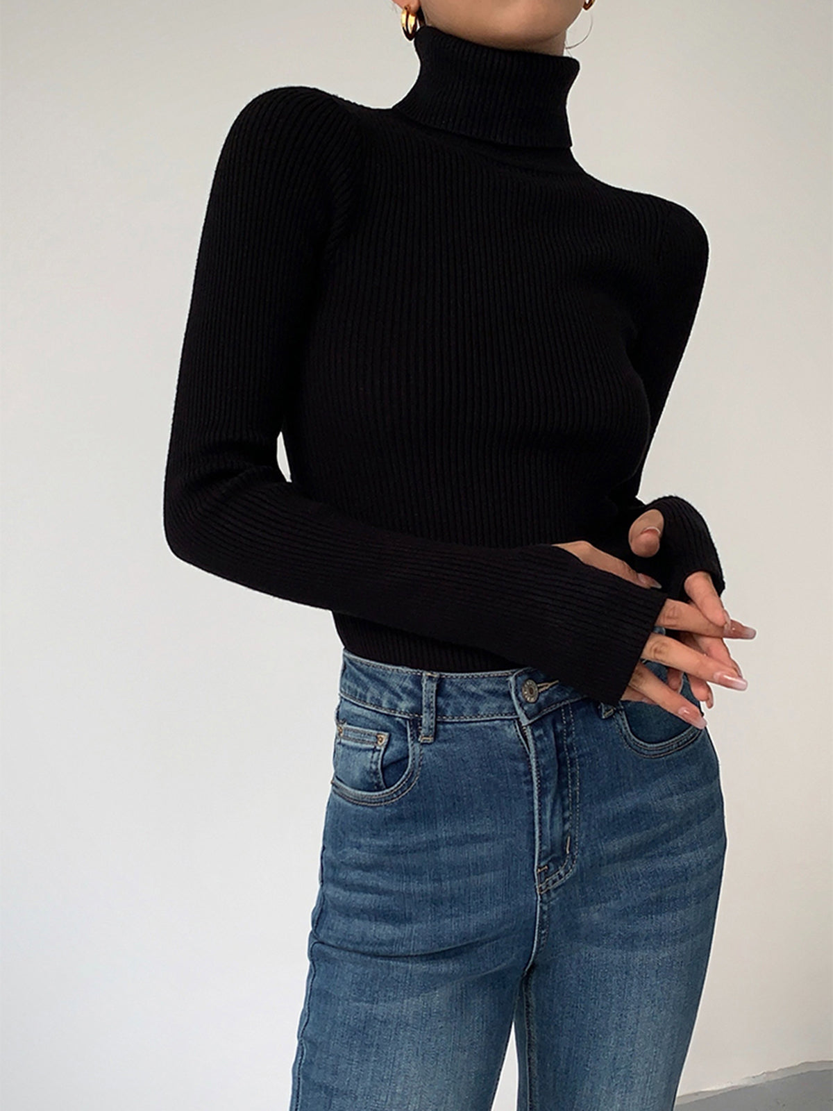 Women slim fit turtleneck knit top minimalist plain design stretch fabric casual office wear
