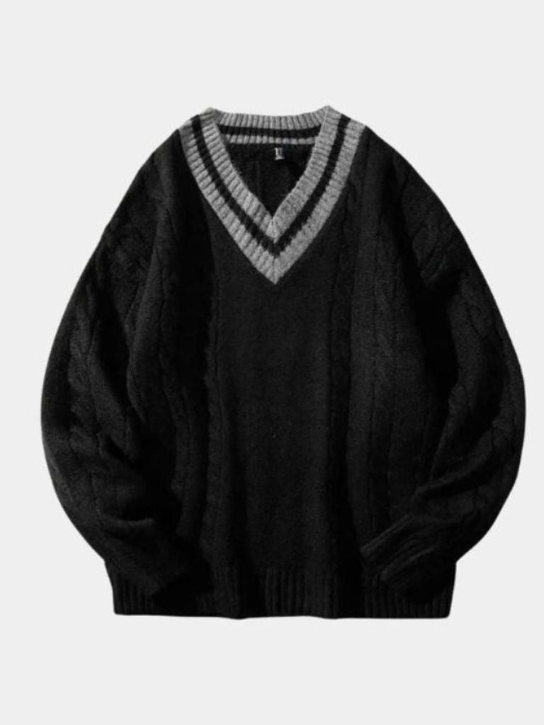 Cream cable knit V-neck sweater relaxed fit with contrast trim, classic everyday layering essential