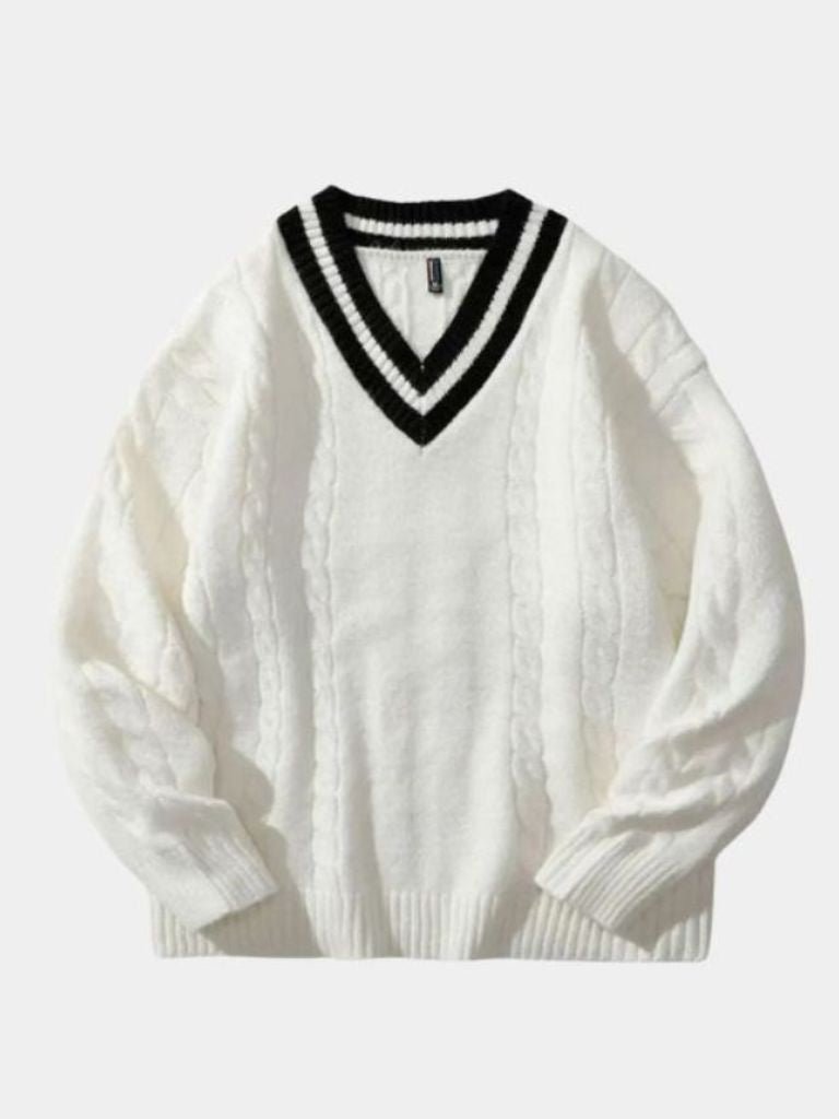 Beige relaxed-fit V-neck cable knit sweater with contrast trim, classic textured pattern for layering