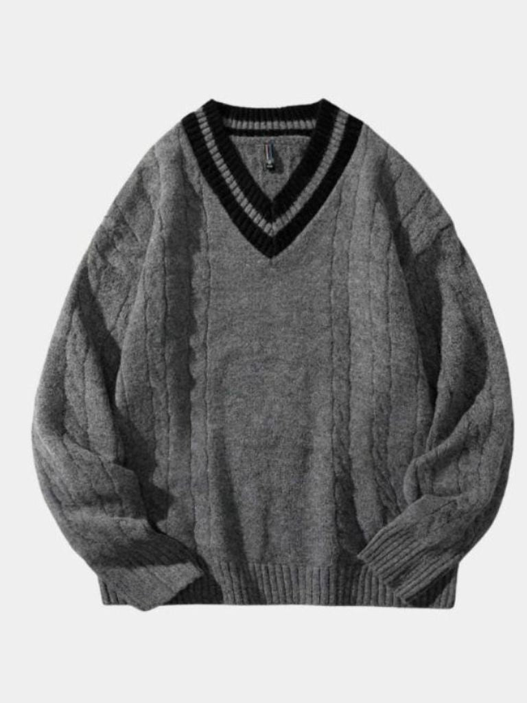 Beige cable knit V-neck sweater relaxed fit with contrast trim, classic everyday layering essential