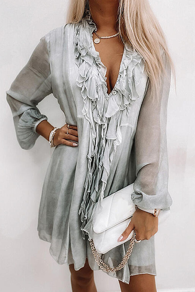 Mira flowy knee-length dress blush V-neck ruffle trim lace-inset sheer long sleeves elegant