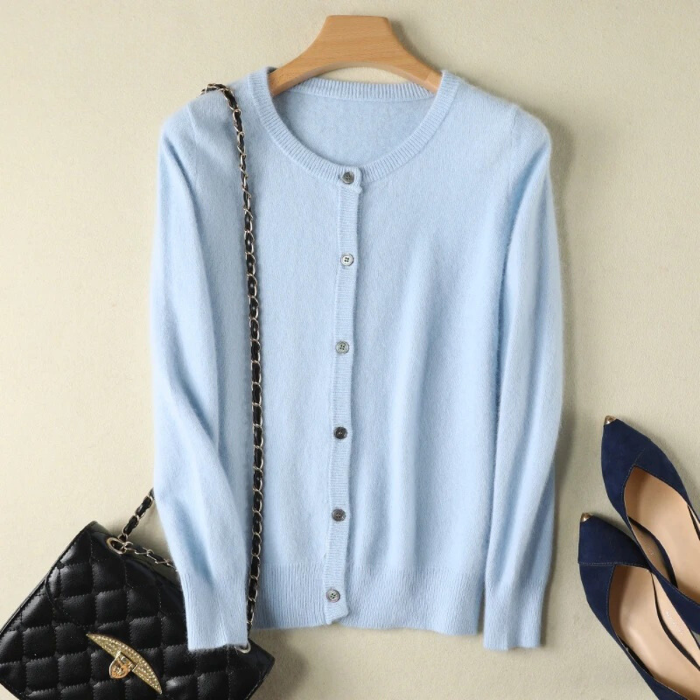 Women's mink cashmere cardigan in warm neutral tone, relaxed drapey silhouette with ultra-soft luxurious feel