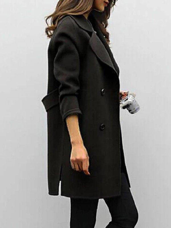 Women's long double-breasted winter coat in classic style with statement buttons for workday elegance