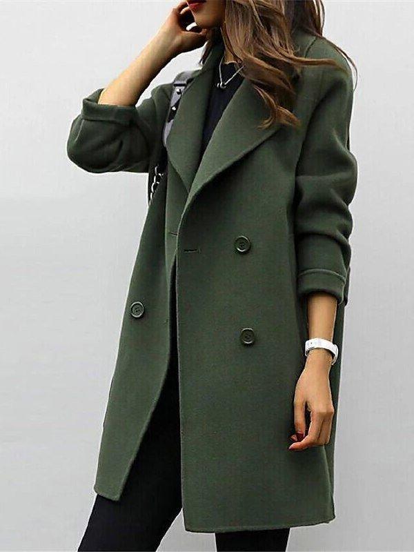 Women's long double-breasted winter coat in classic style with statement buttons for workday elegance