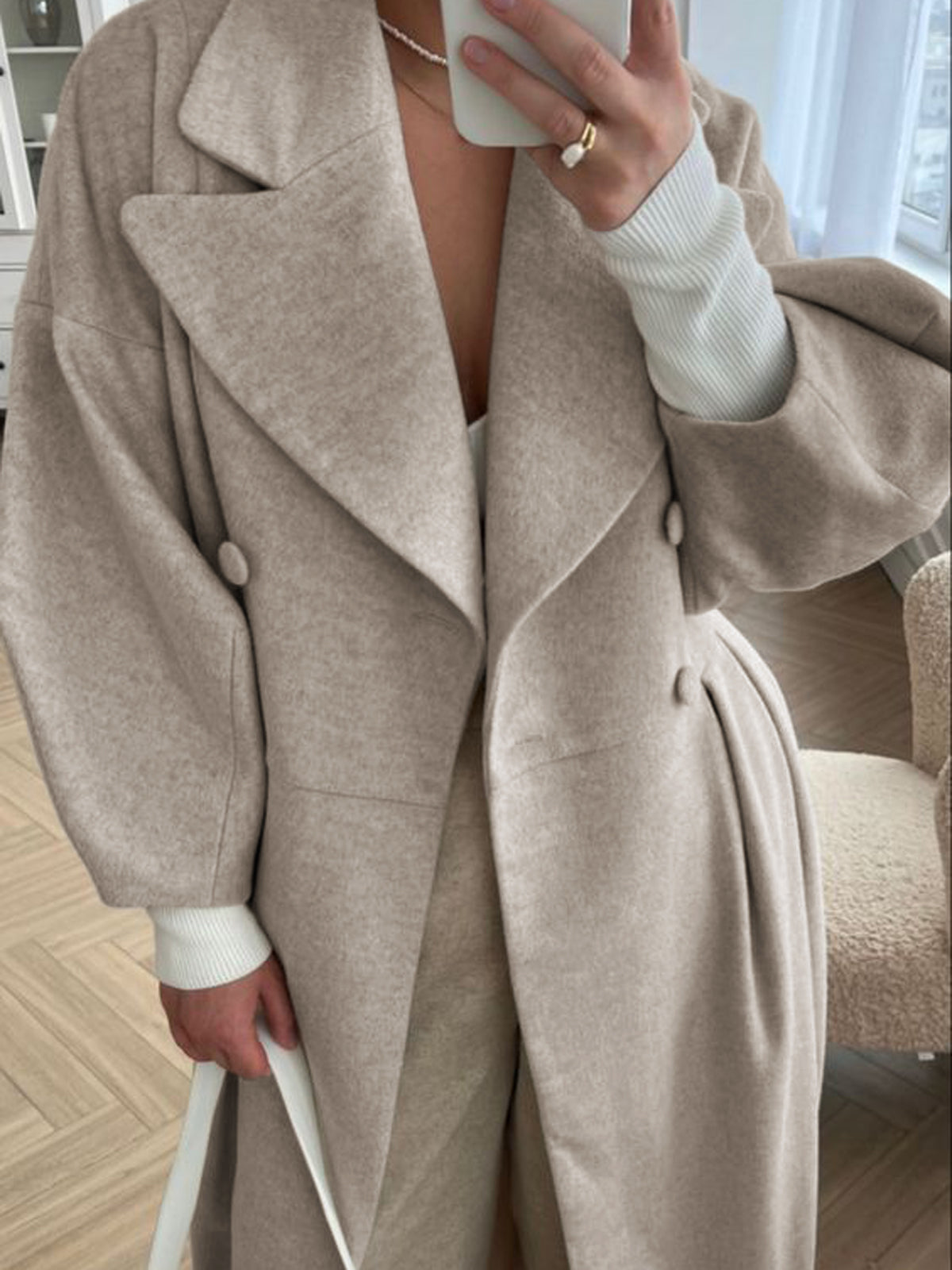 Women's casual long trench coat in classic neutral tone, clean silhouette, 100% polyester timeless outerwear