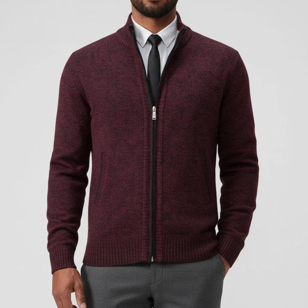 Men's zip-up sweater stand collar slim fit layered office weekend style transitional essential