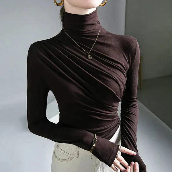 Women's ivory pleated turtleneck blouse elegant tailored fit with graceful draped detail