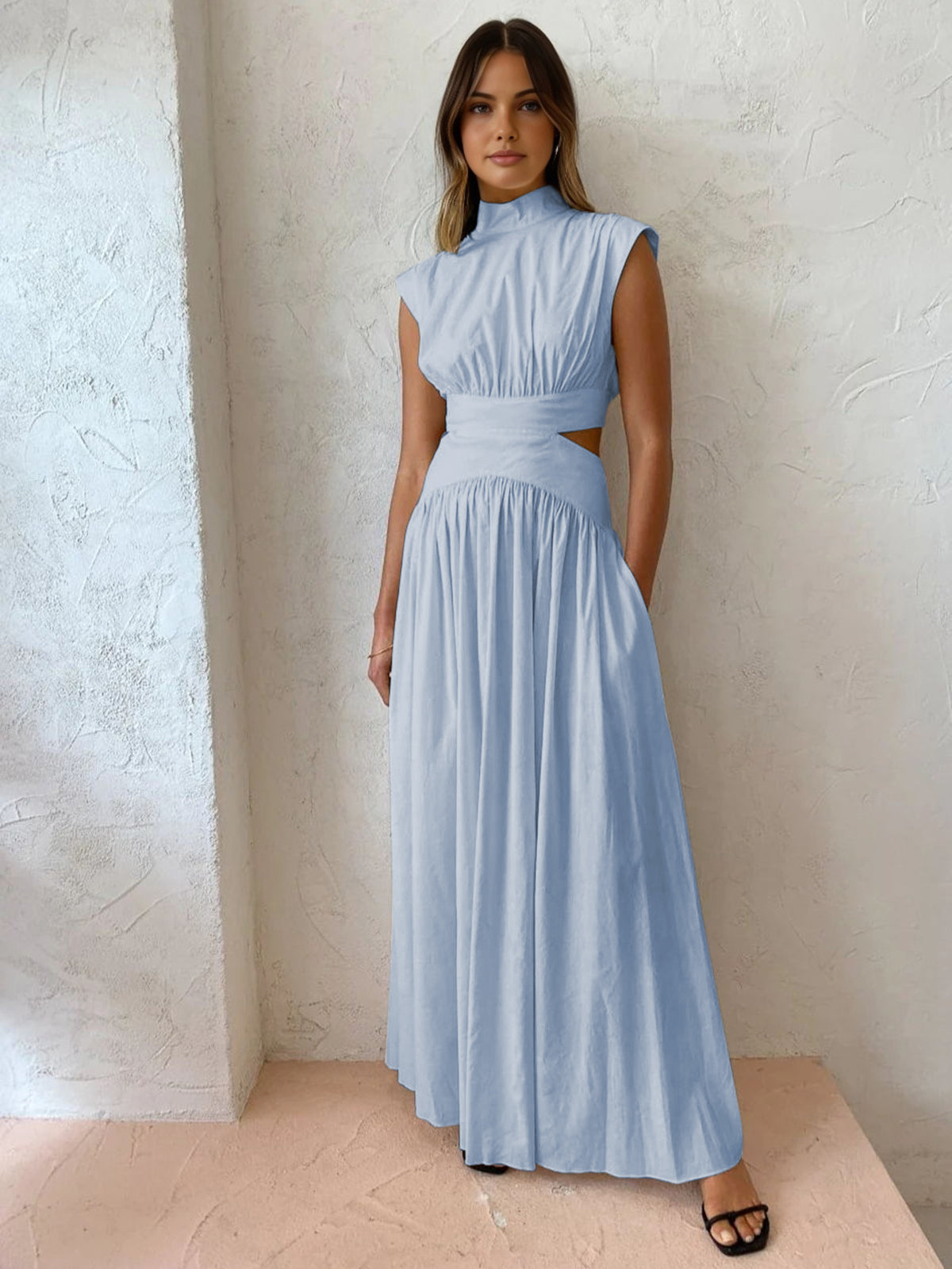 Women's black mock neck cut out maxi dress with sleek wrinkle-resistant fabric for day-to-night elegance