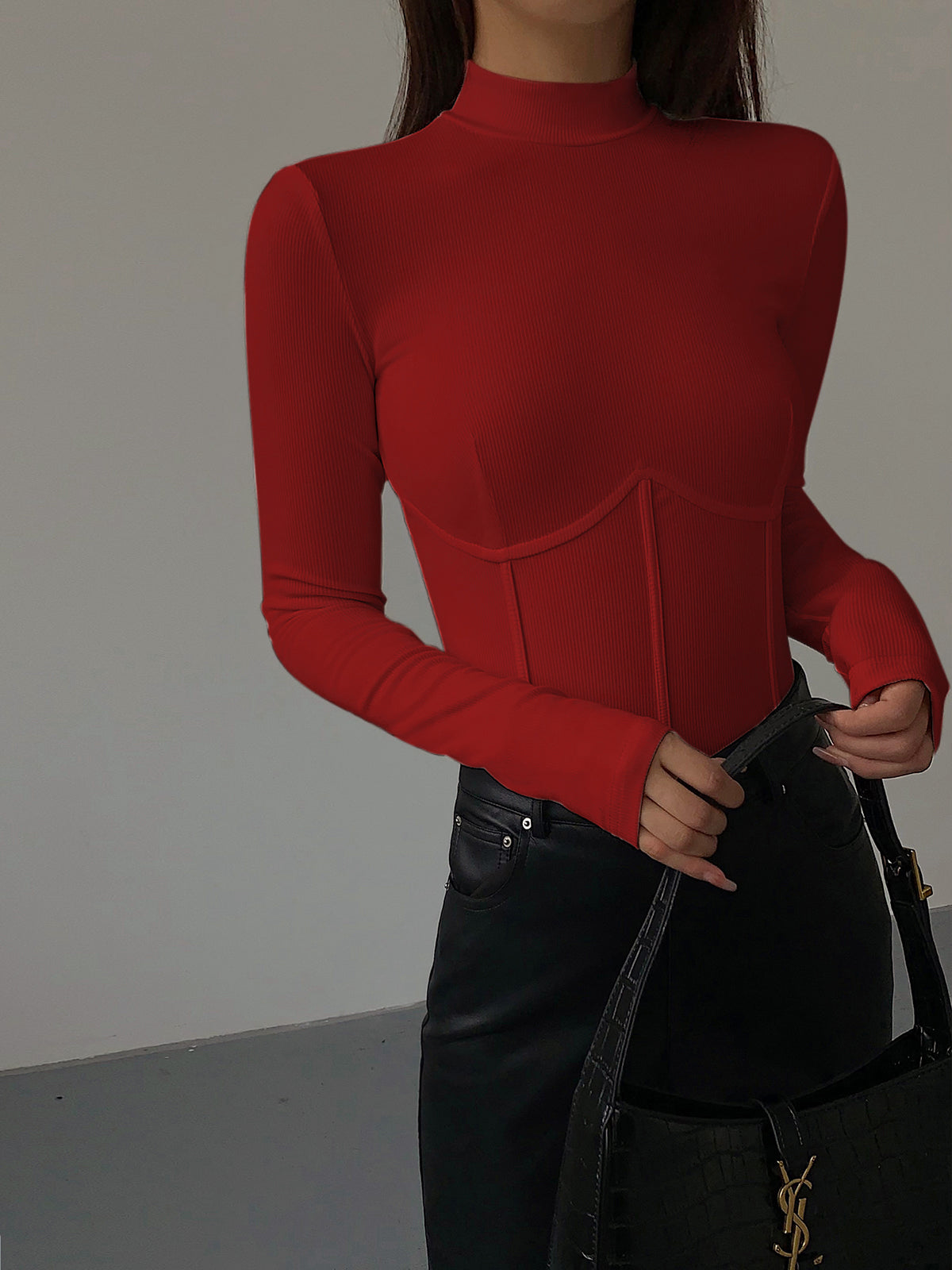 Women's slim fit mock neck ribbed knit t-shirt with contrast piping detail, soft stretch rayon blend