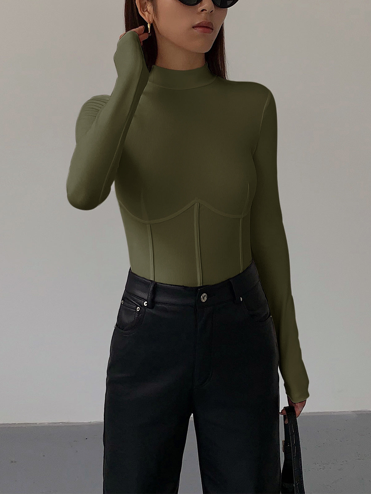 Women's slim fit ribbed knit mock neck t-shirt with contrast piping detail, soft stretch rayon blend