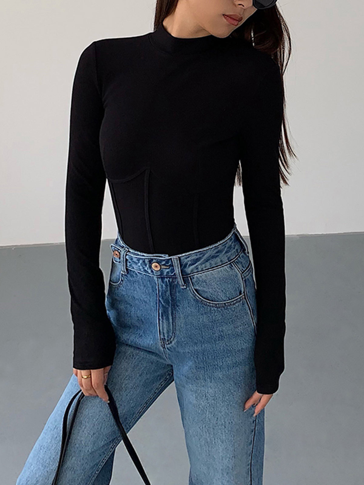 Women's slim fit ribbed knit mock neck t-shirt with contrast piping detail, soft stretch rayon blend