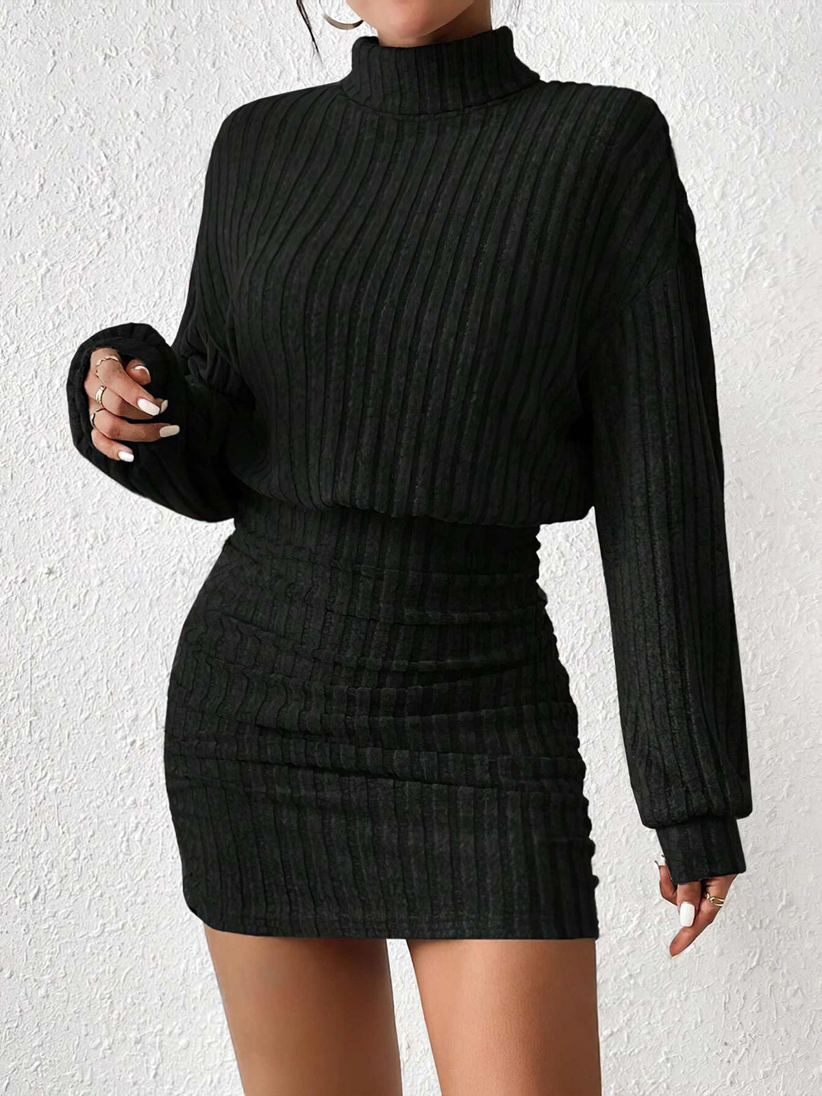 Women's ribbed mock neck short dress in soft stretch knit, sleek everyday silhouette