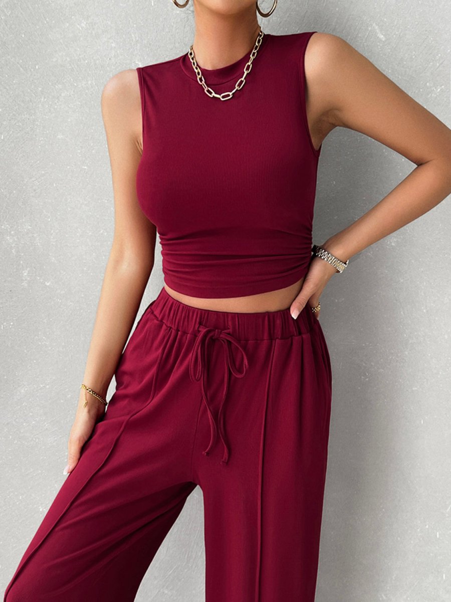 Women's mock neck sleeveless top drawstring pants set, two-piece chic casual coord with pockets