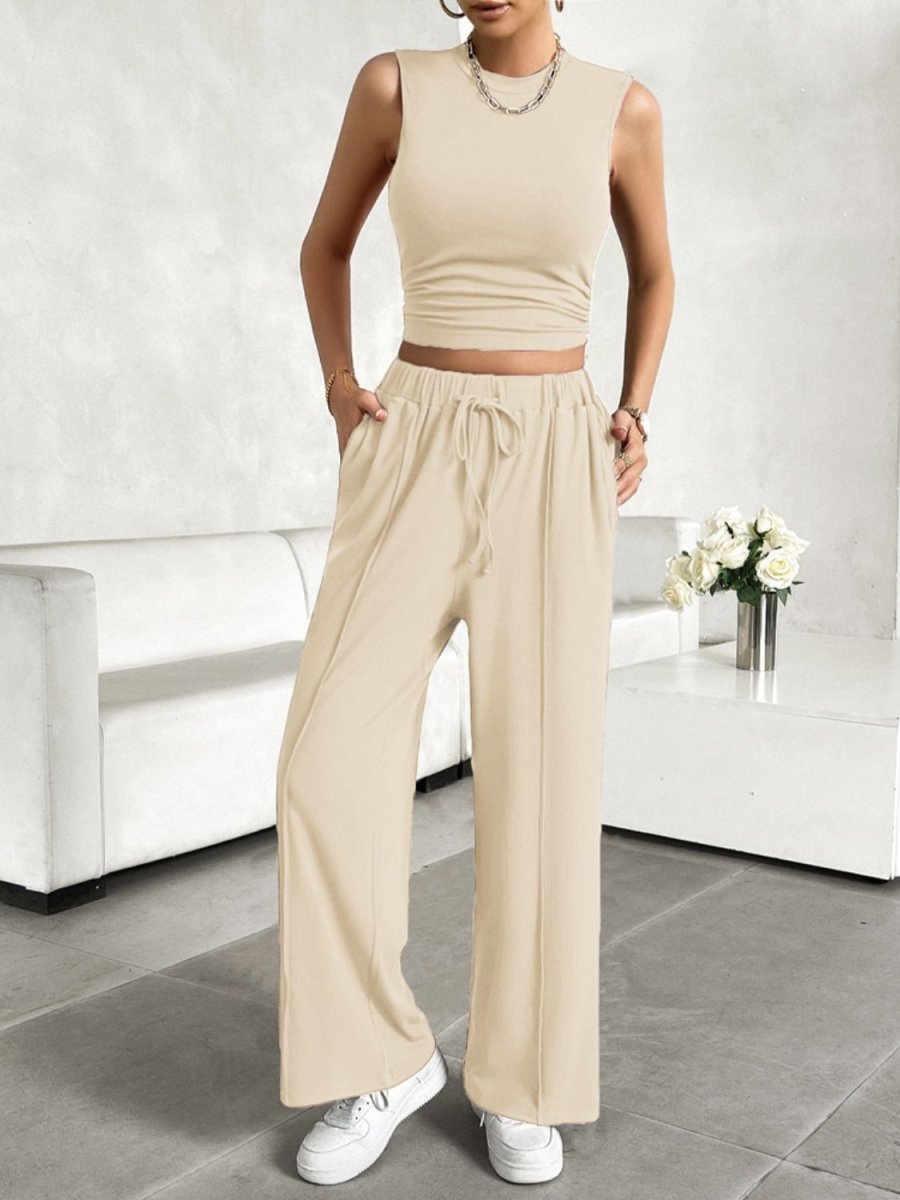 Women's mock neck sleeveless top drawstring pants set, chic two-piece coordinated casual outfit