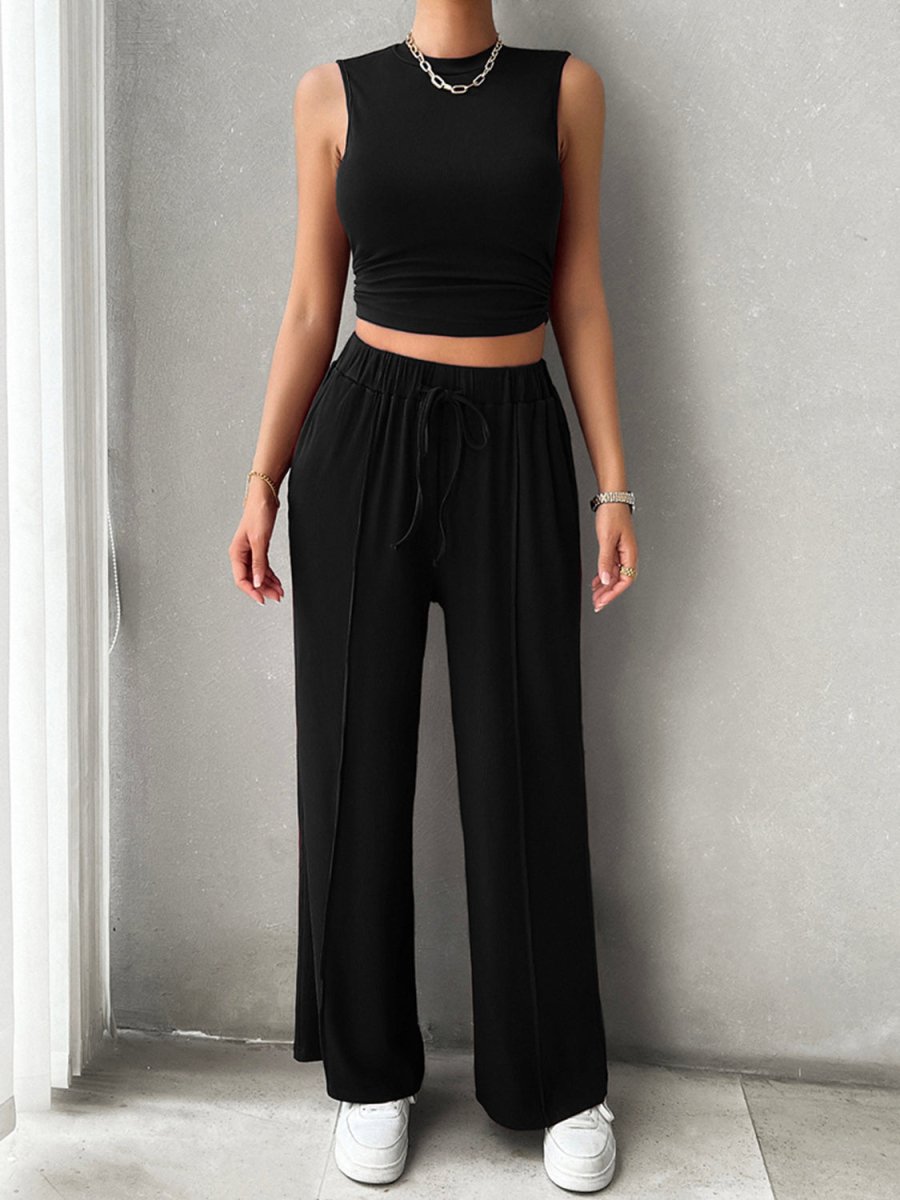 Women's black mock neck sleeveless top drawstring pants two-piece set casual chic coordinated outfit