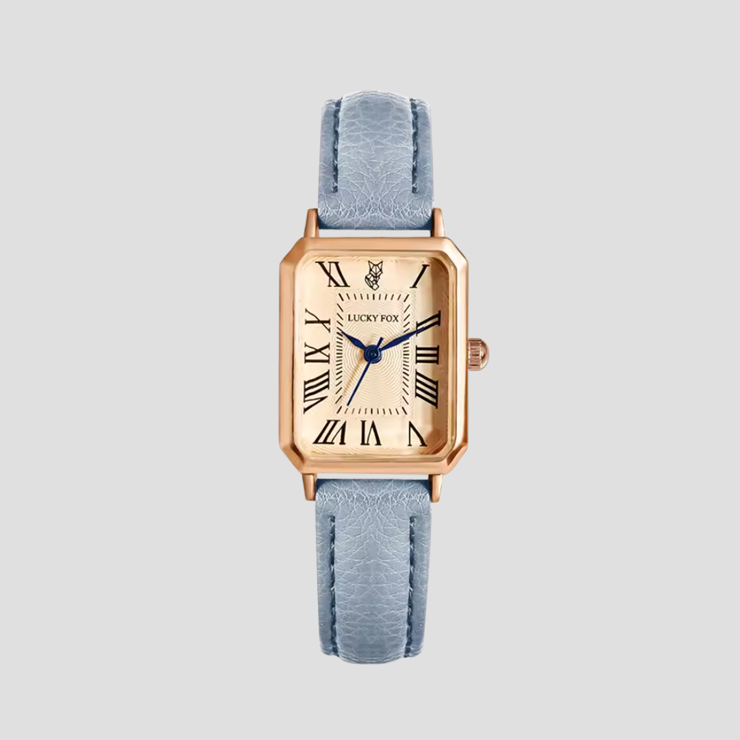Women's rectangular vintage-inspired wristwatch with Roman numeral display and faux leather strap