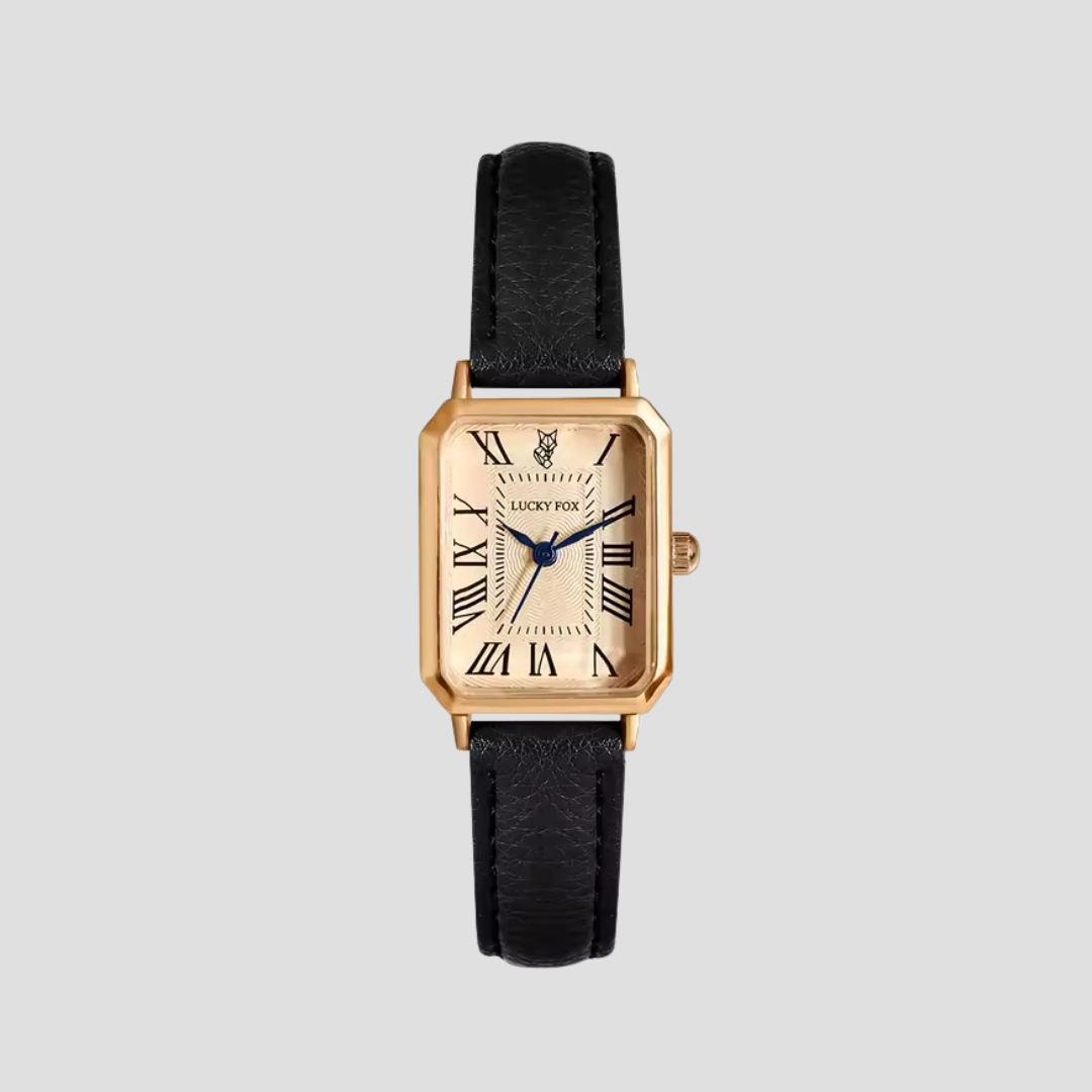 Women's rectangular vintage-inspired wristwatch with Roman numeral display and faux leather strap