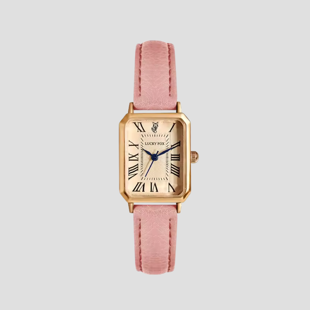 Women's rectangular vintage-inspired wristwatch with Roman numeral display and faux leather strap