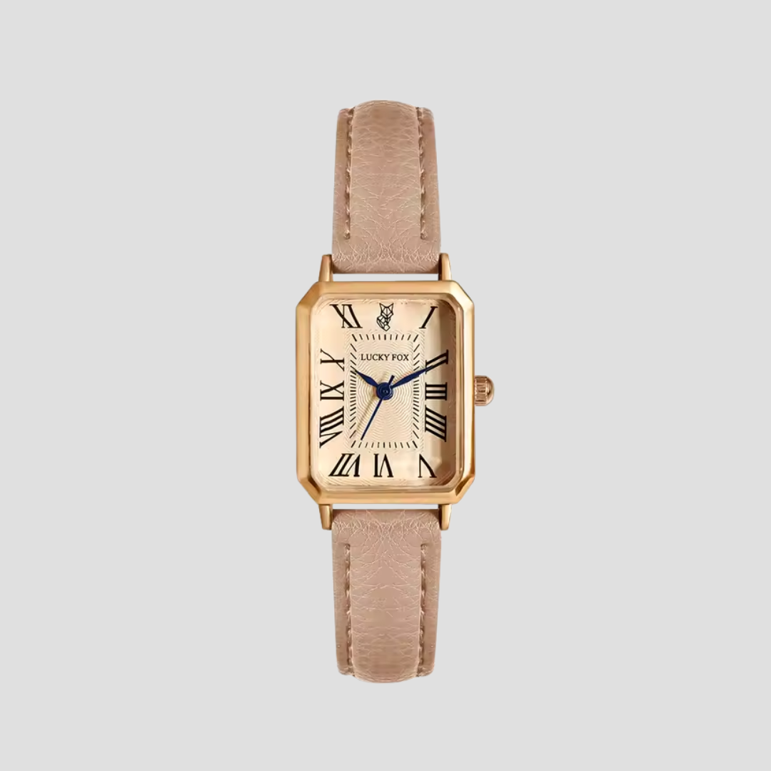 Women's rectangular vintage-inspired wristwatch with Roman numeral display and faux leather strap