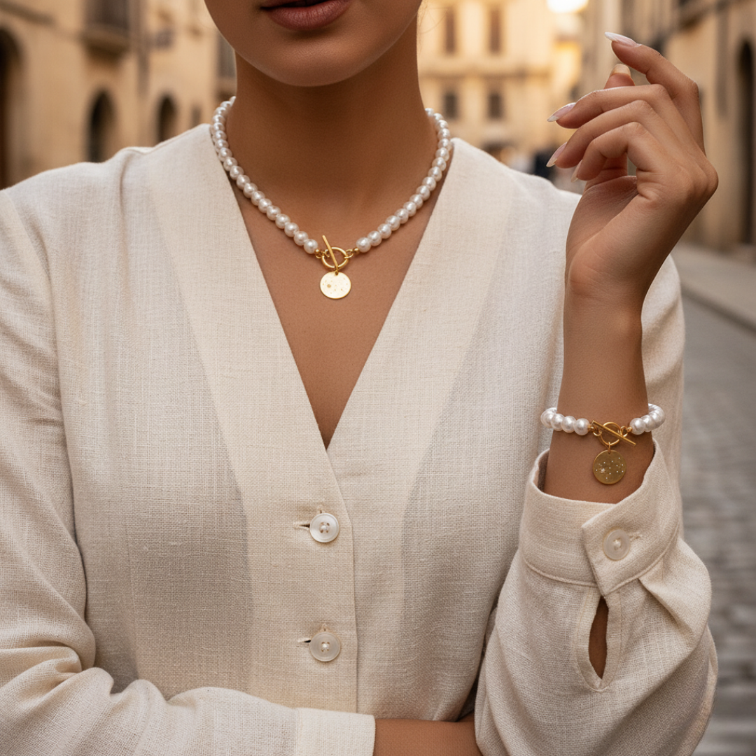 Handmade pearl necklace bracelet set women golden heart pendant red white elegant jewelry