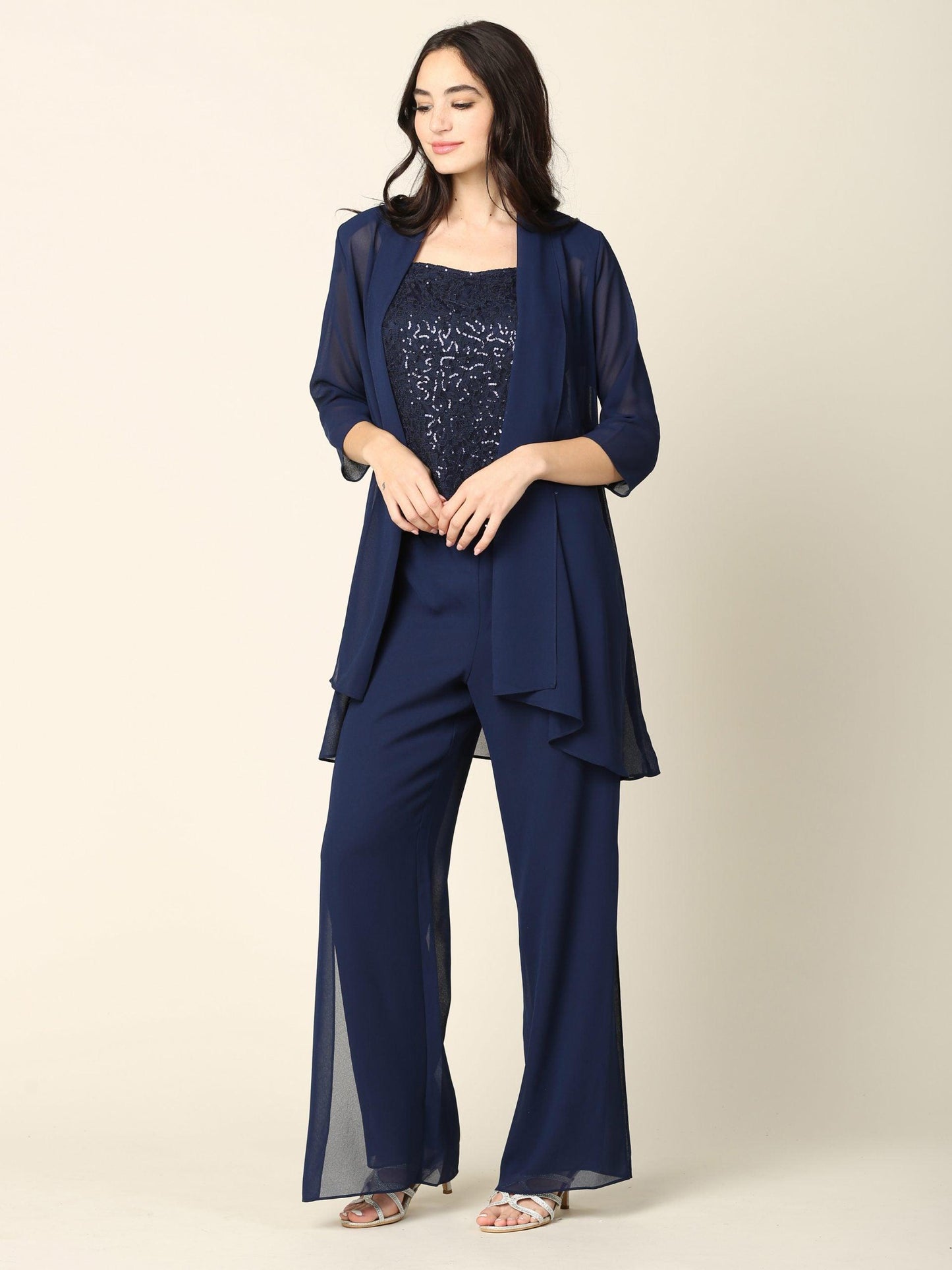 Plus size champagne lace jacket pant suit chiffon formal mother of bride vintage evening ensemble