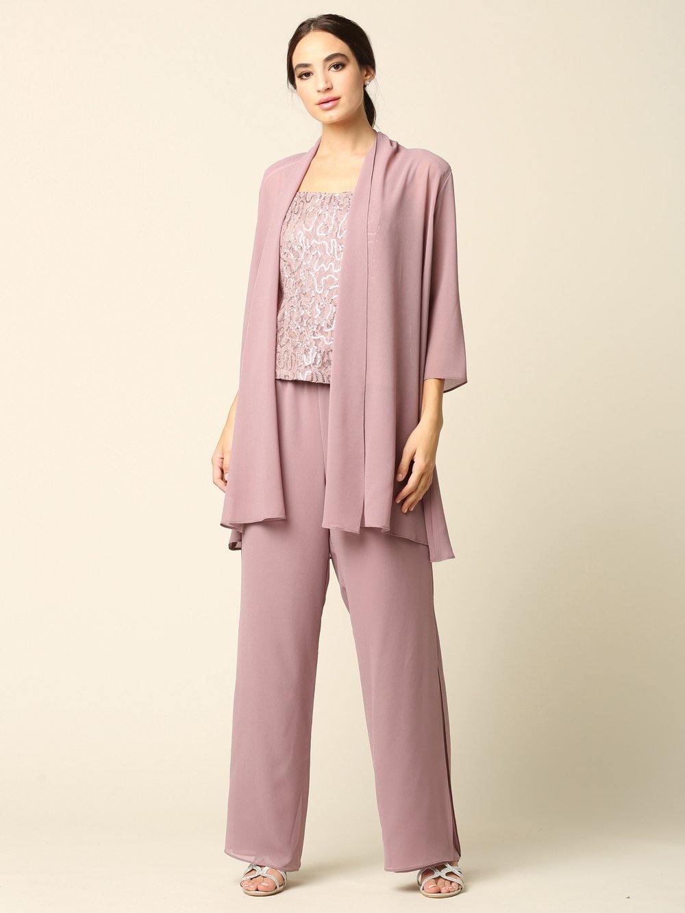 Plus size champagne lace jacket pant suit chiffon mother of bride formal vintage evening ensemble