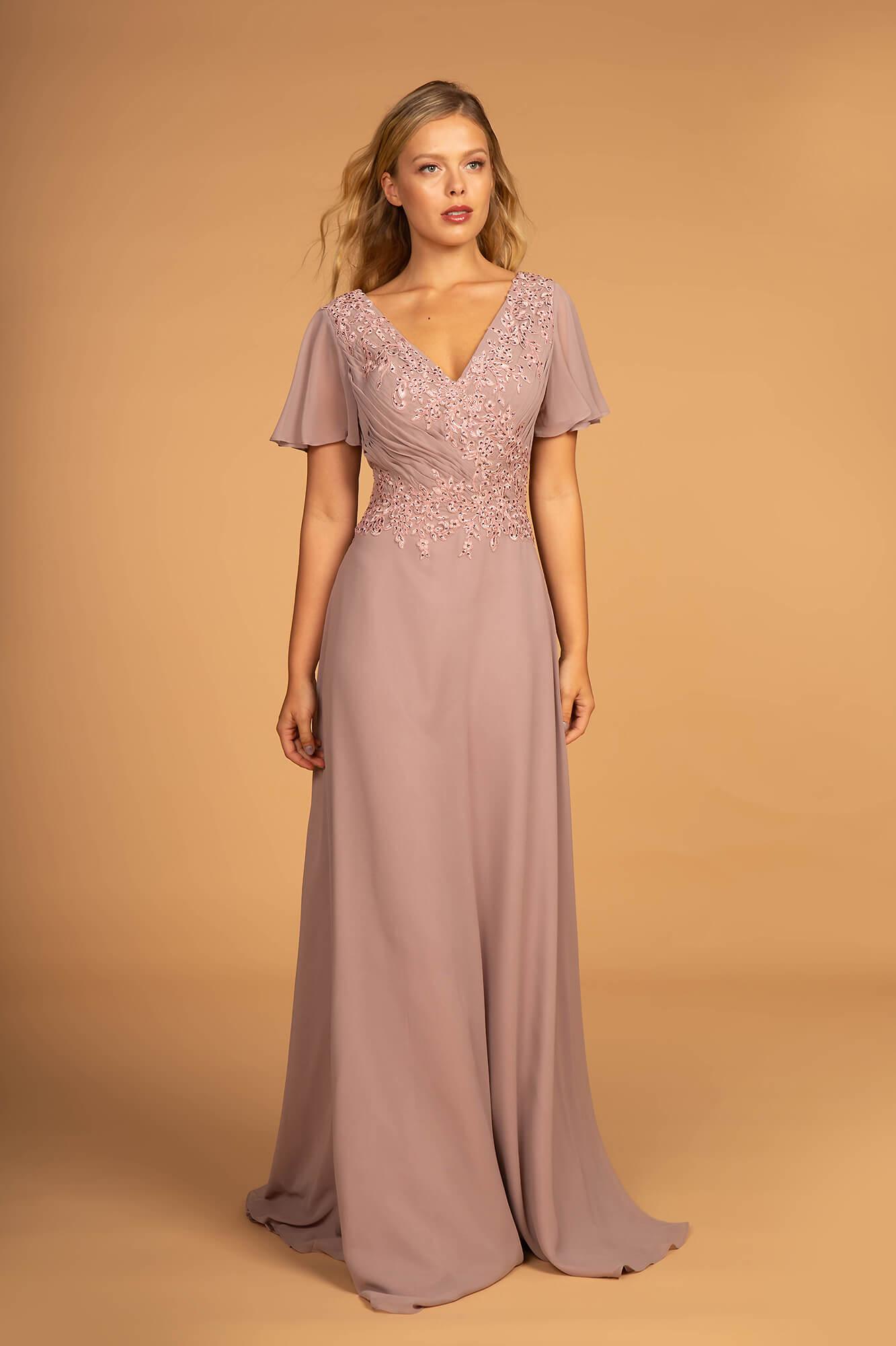 Elegant mother of the bride chiffon dress, V-neck ruched bodice, floral bead embroidery, short sleeves