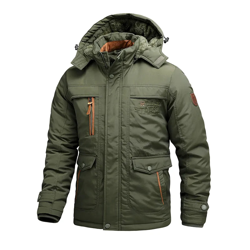 Men's black tactical winter jacket waterproof insulated coat with removable hood for outdoors