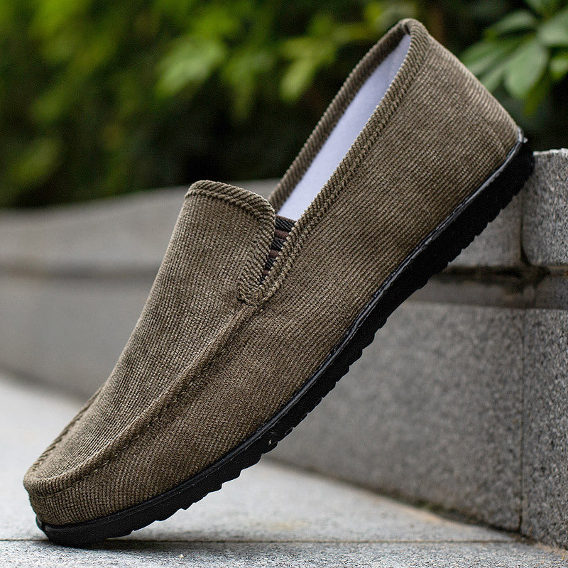 Men's brown corduroy loafers slip-on style with non-slip sole, textured fabric, office casual footwear