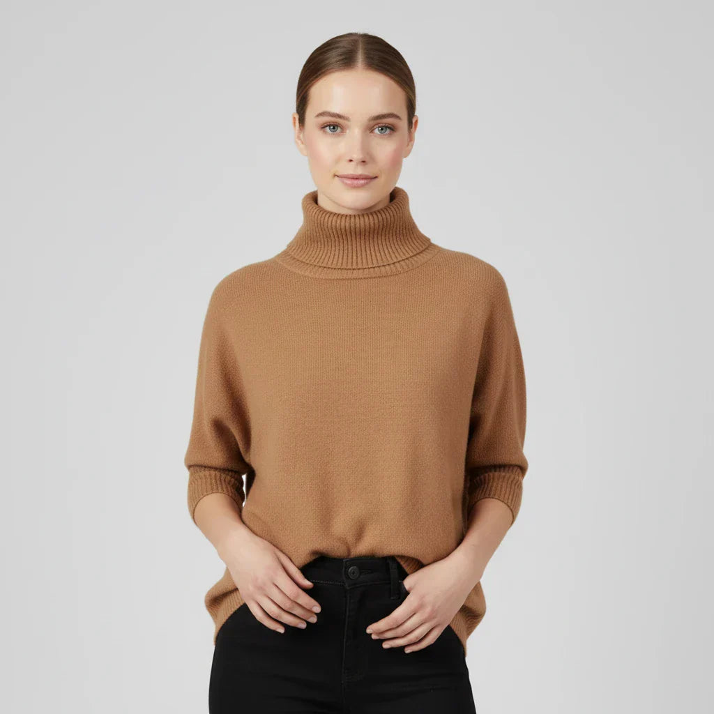 Women's oversized turtleneck sweater ribbed knit drop shoulders relaxed fit cozy layering style