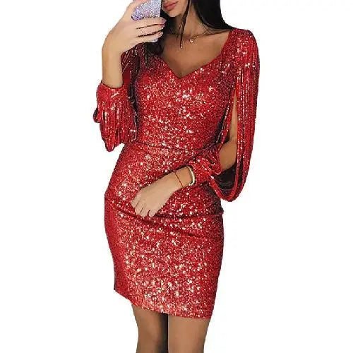 Women's silver sequin bodycon mini dress V-neck draped sleeves glamorous party fit